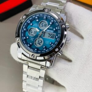 S-K-M-E-I 1389 Dual Time Analog Digital Stainless Steel Watch - Silver/Blue