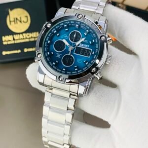 Original S-K-M-E-I 1389 Dual Time Analog Digital Stainless Steel Watch - Silver/Blue